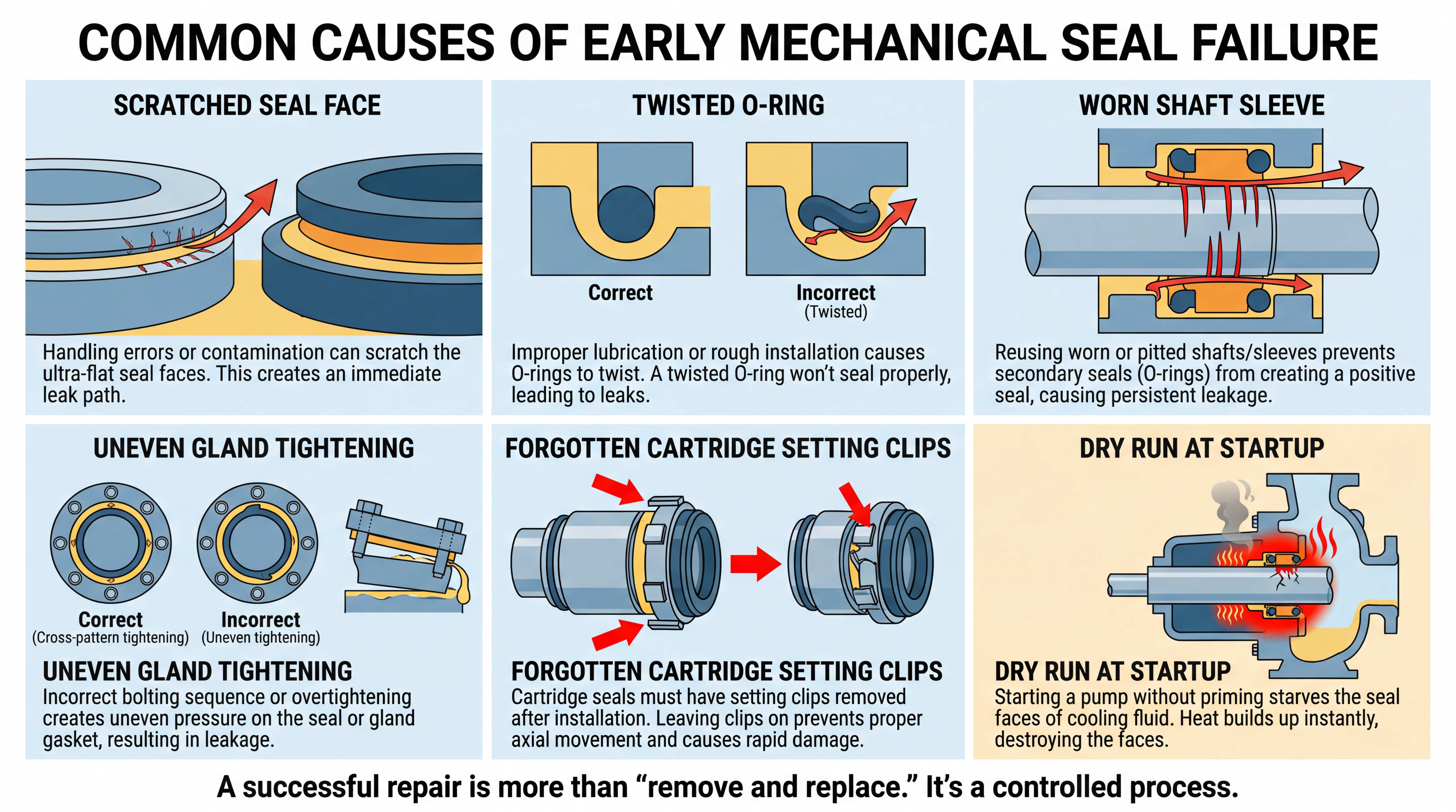 Common causes of early mechanical seal failure including scratched seal face twisted O-ring worn shaft sleeve uneven gland tightening forgotten cartridge setting clips and dry run at startup